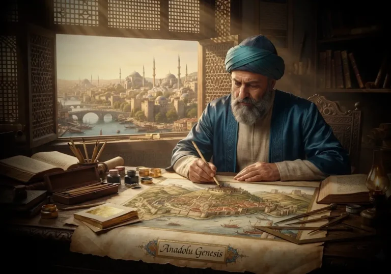 16.yüzyılda Matrakçı Nasuh'un Osmanlı şehir haritasını minyatür sanatıyla hazırlayışını gösteren tarihsel ve ayrıntılı canlandırma.