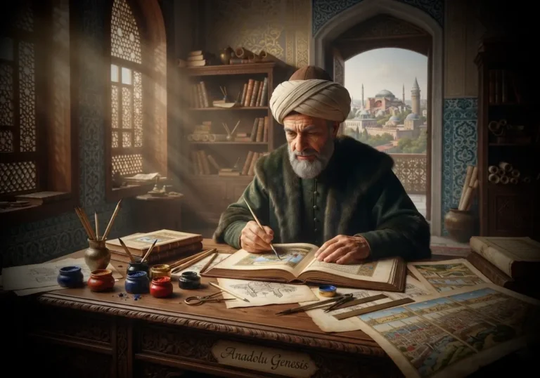 Matrakçı Nasuh'un 16. yüzyıl Osmanlı atölyesinde minyatür ve harita hazırlarken tasvir edildiği tarihî ve ayrıntılı sahne.