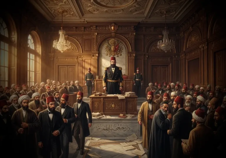 1878'de Meclis-i Mebûsan'ın kapatılışını ve II. Abdülhamid döneminin başlangıcını betimleyen tarihî Osmanlı meclis sahnesi.