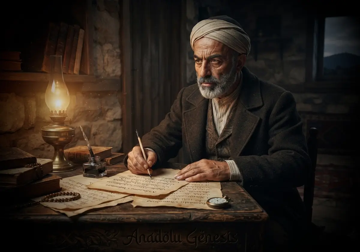 Taceddin Dergâhı'nda İstiklal Marşı'nı kaleme alan Mehmet Akif Ersoy'u tarihî atmosfer içinde tasvir eden gerçekçi bir sahne.