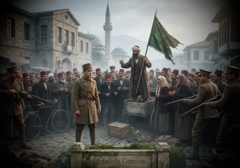 1930 Menemen Olayı sırasında Cumhuriyet askerleri ve Kubilay'ın bulunduğu tarihsel meydanı betimleyen gerçekçi tarih illüstrasyonu.