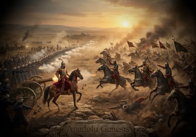 1516 Mercidabık Savaşı'nı, Osmanlı ve Memlük ordularının Kuzey Suriye'deki tarihi mücadelesini gösteren tarihsel tasvir.