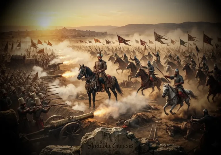 1516 Mercidabık Savaşı'nda Osmanlı ve Memlük ordularının Halep yakınlarında karşı karşıya gelişini gösteren tarihî savaş sahnesi.