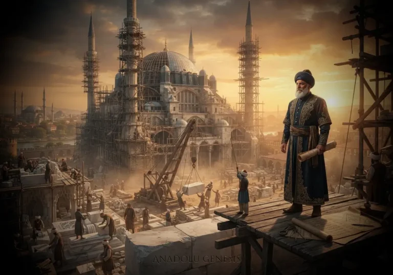 yüzyılda Mimar Sinan'ın Selimiye Camii inşasını yönettiğini gösteren, Osmanlı mimarlığının mühendislik ve estetik anlayışını yansıtan tarihî sahne.