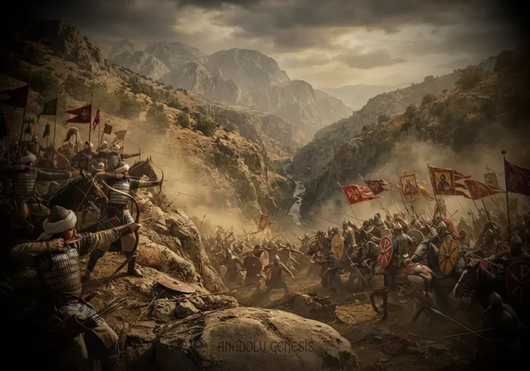 1176 Miryokefalon Savaşı'nda Anadolu Selçuklu kuvvetlerinin Bizans ordusunu dağlık geçitlerde kuşattığını gösteren tarihî sahne.