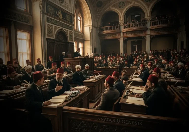 Son Osmanlı Mebusan Meclisi'nde kabul edilen Misak-ı Milli kararlarını temsil eden tarihî parlamento sahnesi ve Milli Mücadele atmosferi.
