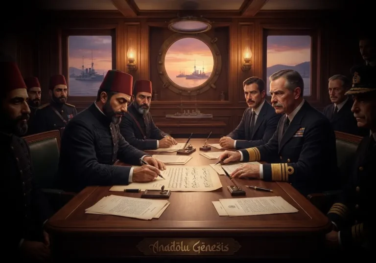 Mondros Mütarekesi'nin 1918 yılında HMS Agamemnon gemisinde imzalanışını tasvir eden tarihî ve gerçekçi görsel.