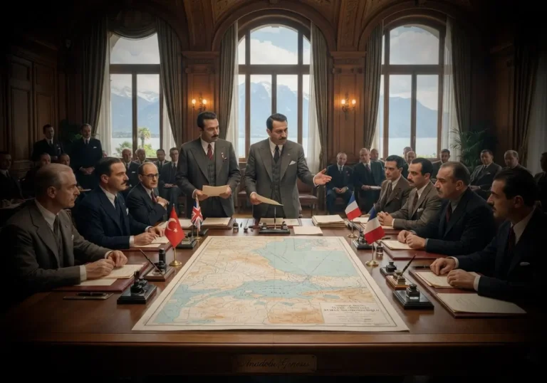 1936 Montrö Boğazlar Sözleşmesi görüşmelerini ve Türkiye'nin Boğazlar üzerindeki egemenliğini simgeleyen tarihî diplomasi sahnesi.