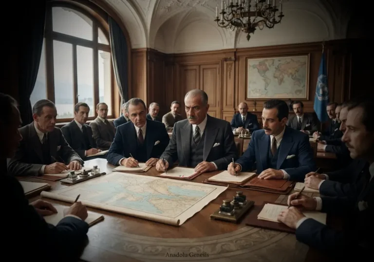 1936 Montrö Boğazlar Sözleşmesi görüşmelerini temsil eden tarihî konferans salonunda Türk heyetini gösteren gerçekçi sahne.