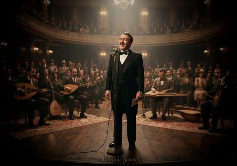 1930'lu yıllarda İstanbul'da konser veren Münir Nurettin Selçuk'u ve klasik Türk musikisi topluluğunu tasvir eden tarihî sahne.