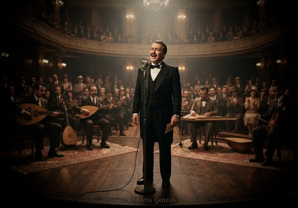 1930'lu yıllarda İstanbul'da konser veren Münir Nurettin Selçuk'u ve klasik Türk musikisi topluluğunu tasvir eden tarihî sahne.