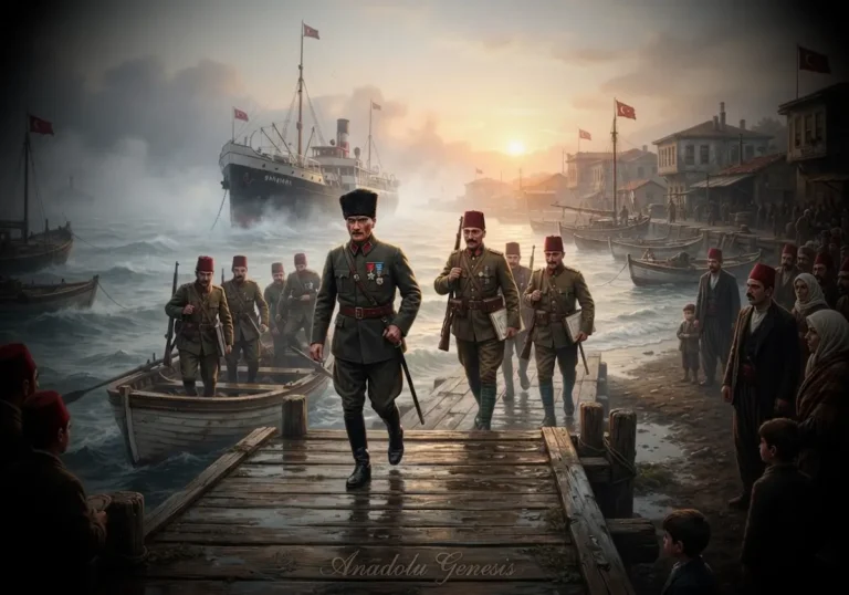 Mustafa Kemal Paşa'nın 19 Mayıs 1919 sabahı Bandırma Vapuru ile Samsun Limanı'na çıkışını betimleyen tarihî sahne.