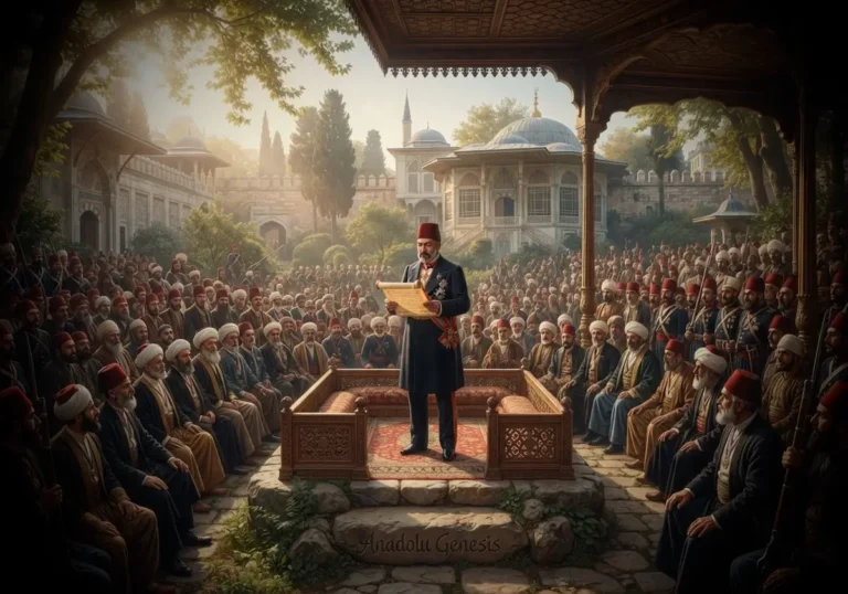 Mustafa Reşid Paşa'nın 1839'da Gülhane'de Tanzimat Fermanı'nın ilanı sırasında devlet erkânıyla birlikte tasvir edildiği tarihî sahne.