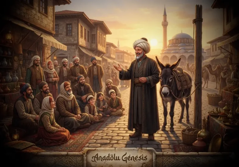 13. yüzyıl Anadolu'sunda Nasreddin Hoca'nın Akşehir'de halkla birlikte tasvir edildiği tarihî ve gerçekçi sahne.