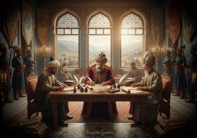 1612 Nasuh Paşa Antlaşması'nın Osmanlı ve Safevî elçileri arasında imzalanışını tasvir eden tarihî diplomasi sahnesi.