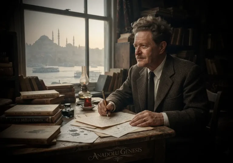 Nazım Hikmet'in çalışma masasındaki tarihi atmosferini ve modern Türk şiirine yön veren edebi mirasını yansıtan gerçekçi portre.
