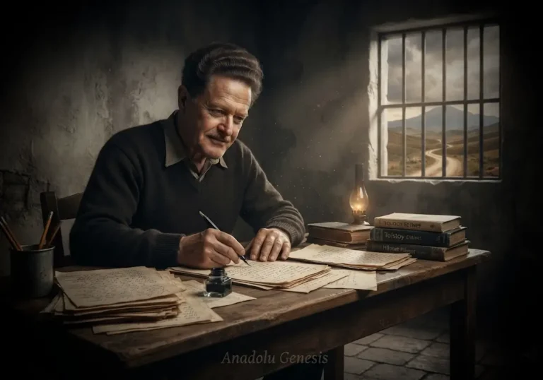 Nazım Hikmet'in hapishanede şiir yazdığı tarihsel atmosferi yansıtan, Türk edebiyatının önemli şairini betimleyen sinematik görsel.