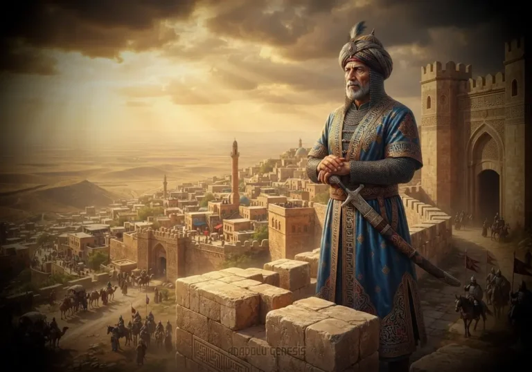 Artuklu hükümdarı Necmeddin Alpi'nin Mardin surlarında tasvir edildiği, Orta Çağ Anadolu'sunun tarihî atmosferini yansıtan gerçekçi sahne.