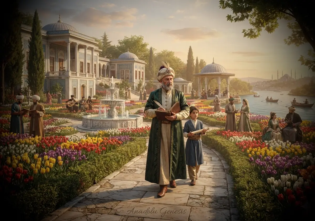 Lale Devri'nde Sadabad Bahçeleri'nde yürüyen Divan şairi Nedim'i ve XVIII. yüzyıl İstanbul'unun kültürel atmosferini yansıtan tarihî sahne.