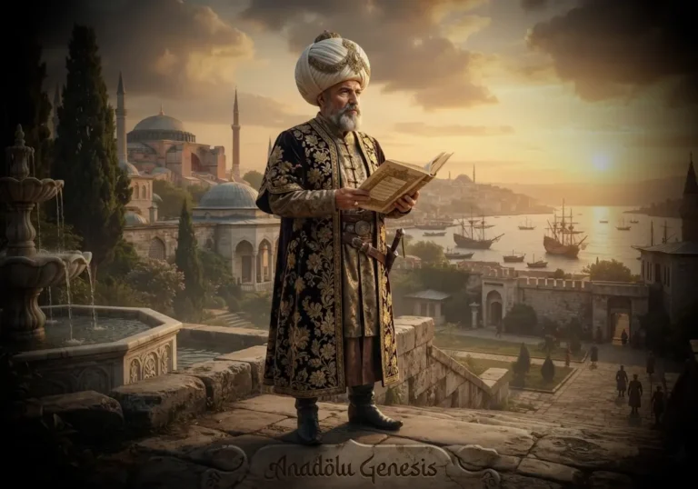 Osmanlı şairi Nefi'nin Topkapı Sarayı bahçesinde elinde divanıyla tasvir edildiği tarihsel ve gerçekçi portre.