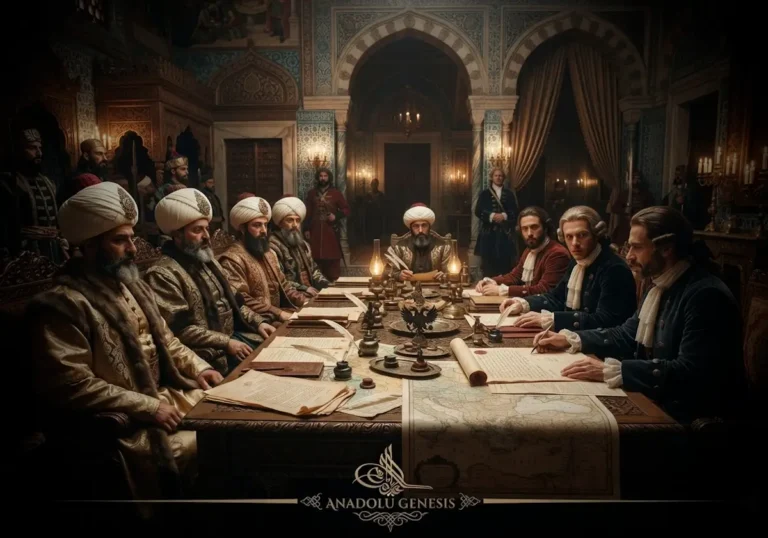 1739 Niş Antlaşması görüşmelerini temsil eden Osmanlı ve Rus diplomatların tarihî müzakere sahnesi.