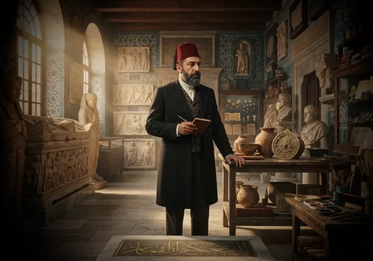 Osman Hamdi Bey'i Osmanlı dönemine ait müze ortamında tarihî eserler arasında gösteren gerçekçi ve tarihsel atmosferi yansıtan görsel.