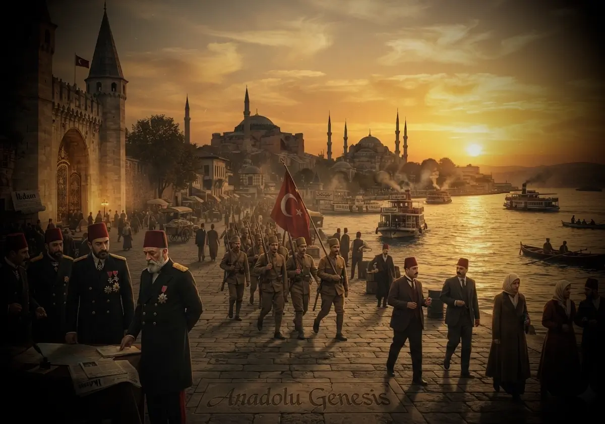 1922 yılında İstanbul'da Osmanlı Devleti'nin son dönemini yansıtan tarihsel atmosfer, Topkapı Sarayı ve Boğaz manzarasıyla gerçekçi sahne.