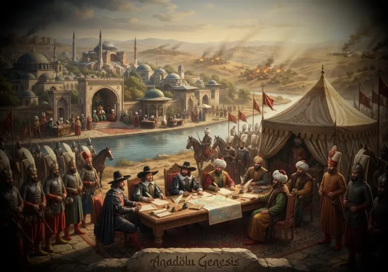 Osmanlı Duraklama Dönemi'ni temsil eden Topkapı Sarayı, Yeniçeriler, Celali İsyanları ve II. Viyana Kuşatması temalı tarihî illüstrasyon.