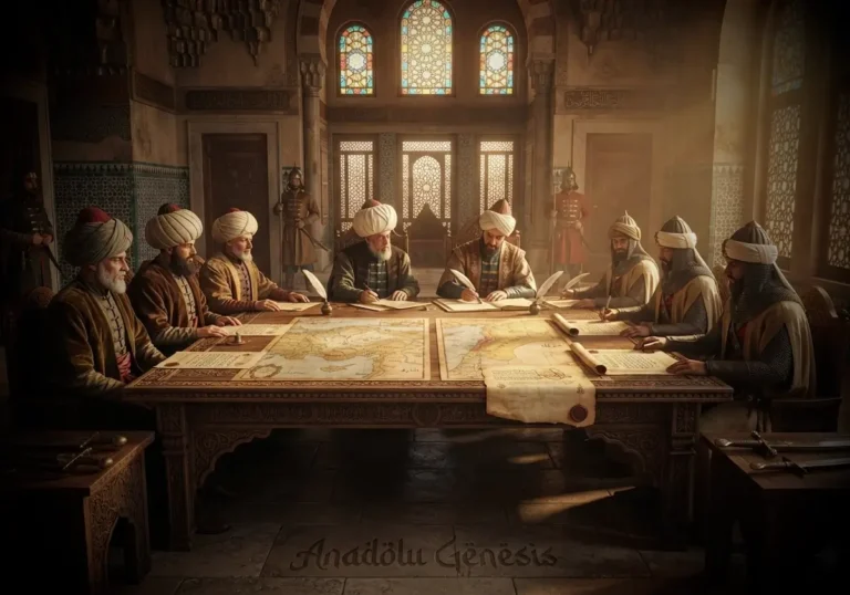 1491 Osmanlı-Memlük Antlaşması'nı temsil eden diplomatik görüşme sahnesi ve Anadolu-Suriye sınır dengelerini yansıtan tarihsel tasvir.
