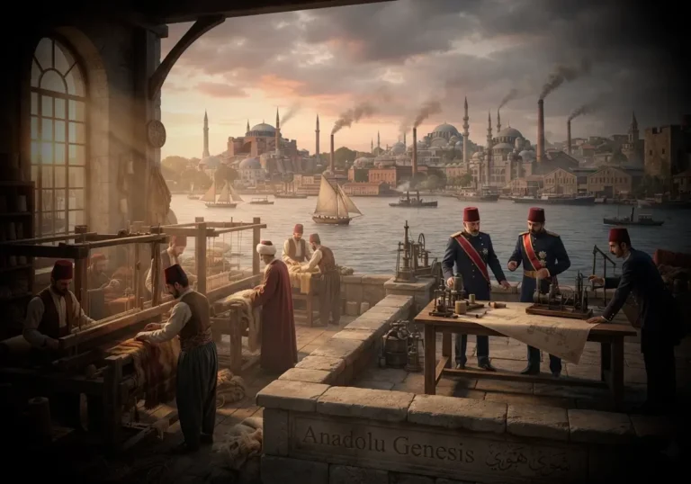 Osmanlı İmparatorluğu'nda geleneksel üretim ile Sanayi Devrimi'nin etkilerini karşılaştıran, 19. yüzyıl İstanbul'unu betimleyen tarihsel sahne.