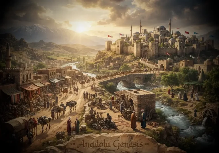 14.yüzyıl Anadolu Beylikleri dönemini yansıtan tarihî şehir, çarşı, kervan ve Selçuklu mimarisini gösteren gerçekçi panoramik sahne.