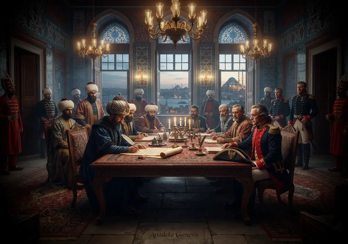 1790 Osmanlı-Prusya İttifakı'nın imzalanmasını betimleyen, Osmanlı ve Prusyalı diplomatların tarihi antlaşma masasında yer aldığı gerçekçi sahne.