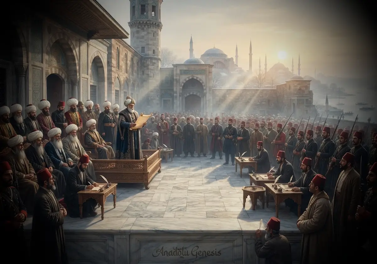 1876 yılında Kanun-ı Esasi'nin ilanını temsil eden, Osmanlı devlet adamları ve halkın yer aldığı tarihî meşrutiyet sahnesi.