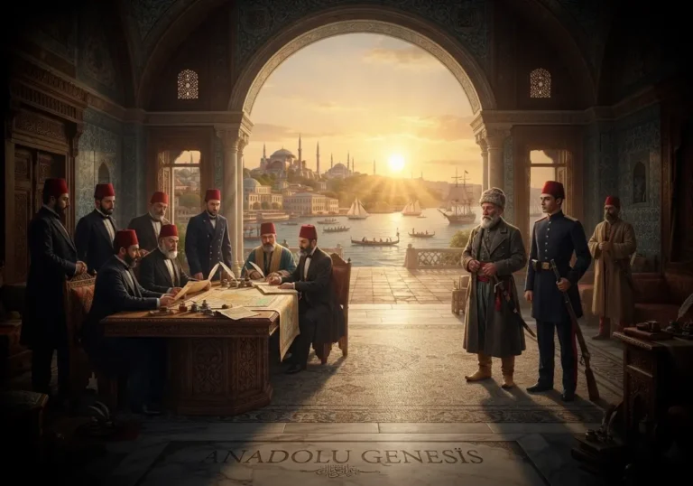 Osmanlı'nın gerileme döneminde reformları ve modernleşme sürecini simgeleyen tarihsel İstanbul sahnesi ve Tanzimat atmosferi.