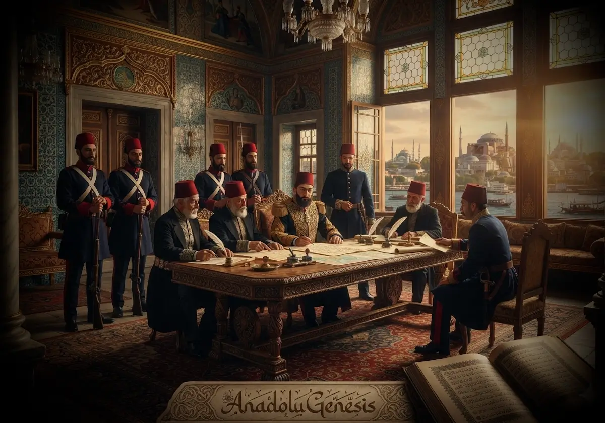 Osmanlı reform döneminde II. Mahmud ve devlet adamlarının Topkapı Sarayı'nda reform belgelerini değerlendirdiği tarihsel sahne.