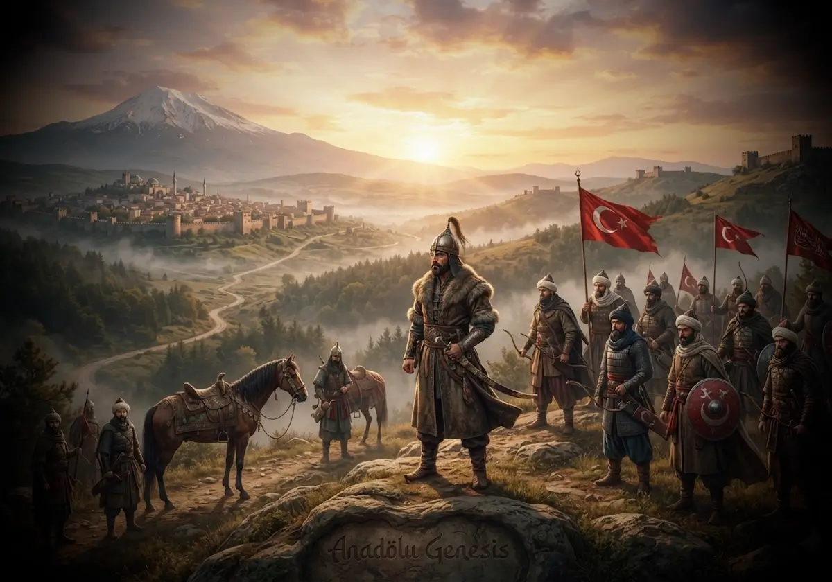 Osmanlı Devleti'nin kuruluş döneminde Osman Gazi ve uç bölgesindeki erken fetih atmosferini betimleyen tarihî sahne.