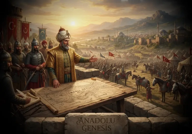 Fatih Sultan Mehmed döneminde Anadolu Türk beyliklerinin Osmanlı yönetimi altında birleşmesini tarihsel atmosferle betimleyen görsel.