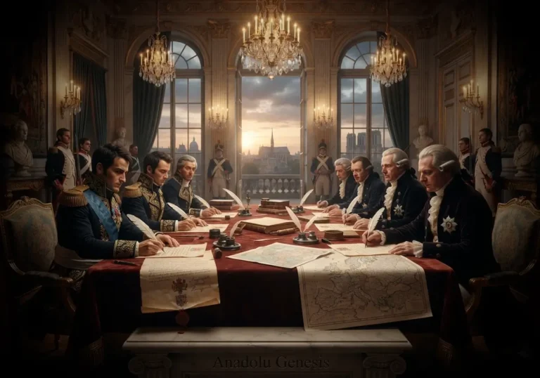 1802 Paris Antlaşması'nın imzalanmasını betimleyen tarihî sahnede Fransız ve İngiliz diplomatlar Avrupa barışını müzakere ediyor.