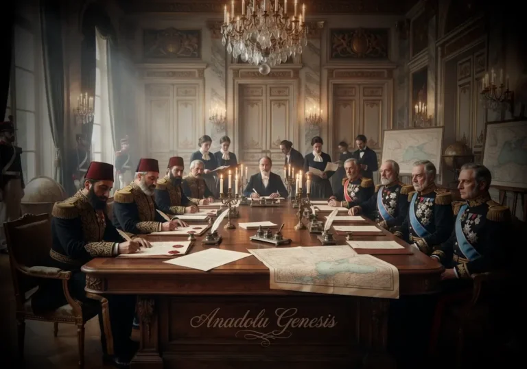 1856 Paris Antlaşması'nın imzalandığı diplomatik toplantıyı ve Osmanlı heyetinin Avrupa devletleriyle müzakeresini gösteren tarihsel tasvir.