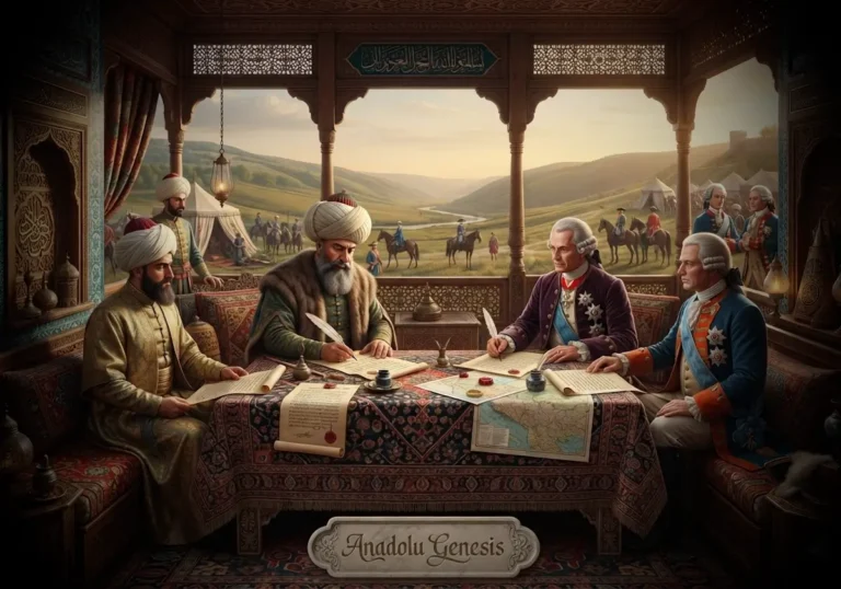 1718 Pasarofça Antlaşması görüşmelerini ve Osmanlı ile Avusturya temsilcilerinin diplomatik müzakerelerini betimleyen tarihî sahne.