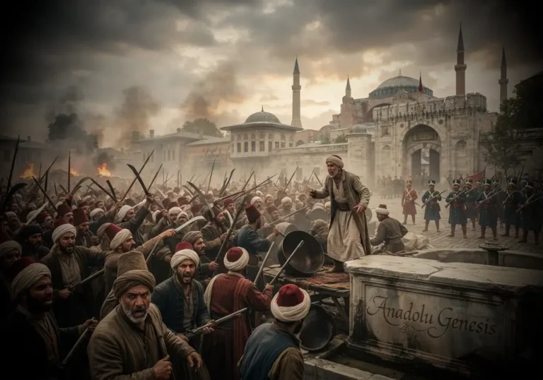 1730 Patrona Halil İsyanı sırasında İstanbul'da toplanan isyancıları ve Lale Devri'nin sonunu simgeleyen tarihî sahne.