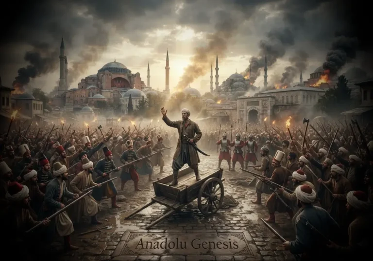 1730 Patrona Halil İsyanı sırasında İstanbul'da yeniçeriler ve halkın Topkapı Sarayı çevresindeki hareketliliğini gösteren tarihsel canlandırma.