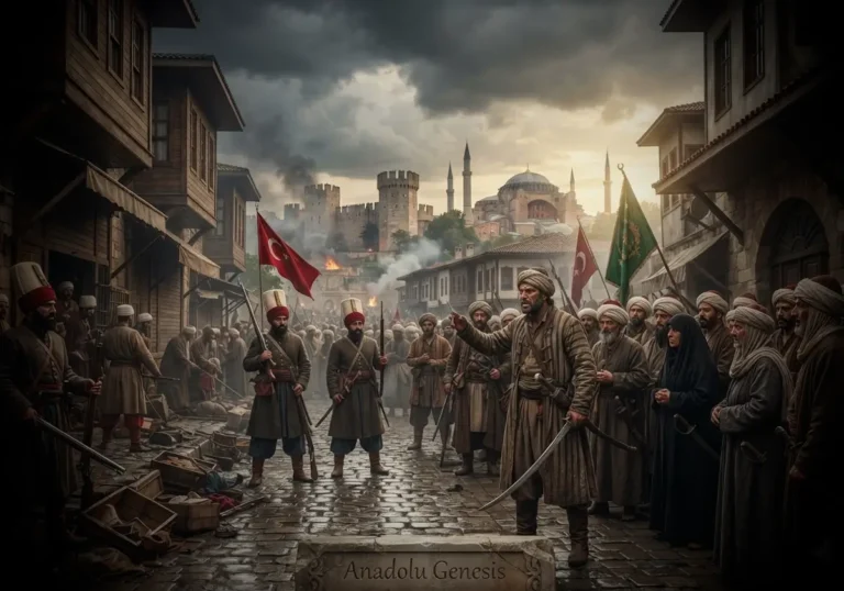 1730 Patrona Halil İsyanı sırasında İstanbul'da yeniçeriler ve halkın Osmanlı yönetimine karşı ayaklanmasını tasvir eden tarihî sahne.