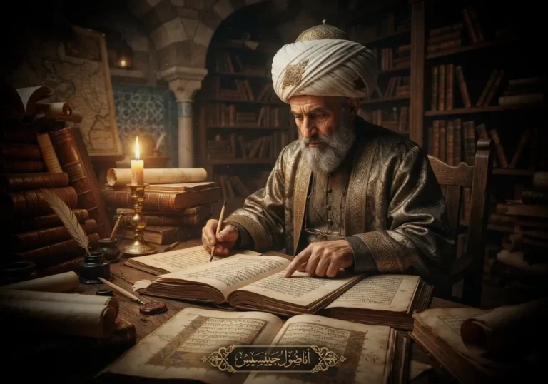 Osmanlı tarihçisi Peçevi İbrahim Efendi'nin farklı tarih kaynaklarını karşılaştırdığı tarihî kütüphane sahnesini betimleyen görsel.