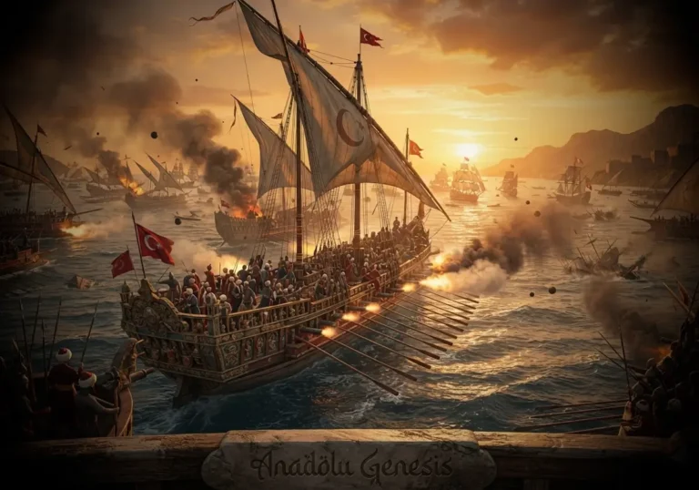1538 Preveze Deniz Zaferi sırasında Barbaros Hayreddin Paşa komutasındaki Osmanlı donanmasının Akdeniz'deki mücadelesi.