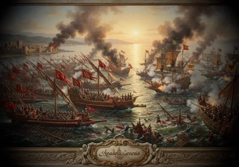 1538 Preveze Deniz Muharebesi'nde Barbaros Hayreddin Paşa komutasındaki Osmanlı donanmasının Akdeniz'deki stratejik mücadelesini gösteren tarihî sahne.