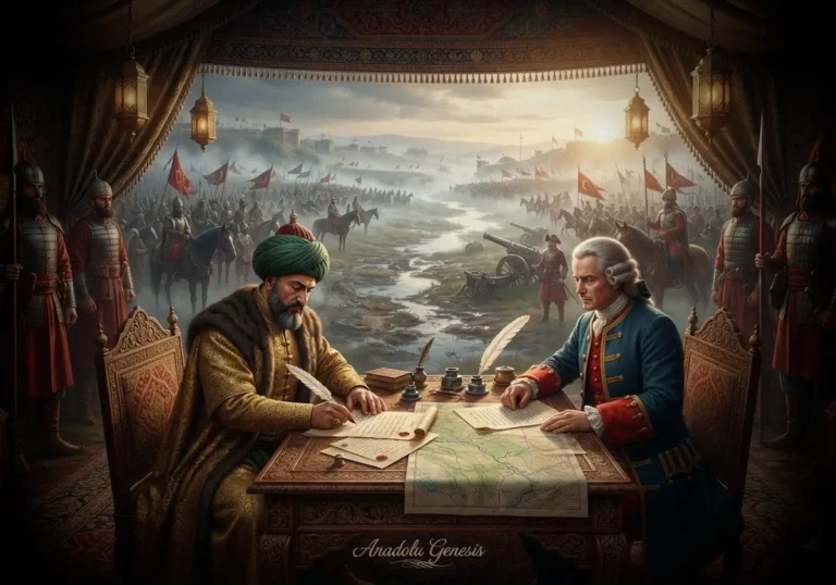 1711 Prut Antlaşması görüşmelerini, Osmanlı ve Rus temsilcilerini tarihî atmosfer içinde gösteren detaylı tarihsel sahne.