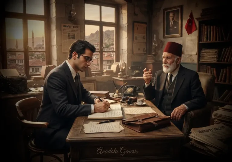 Ruşen Eşref Ünaydın'ın 1920'lerde bir aydınla röportaj yaptığı tarihî çalışma odasını betimleyen gerçekçi sahne.