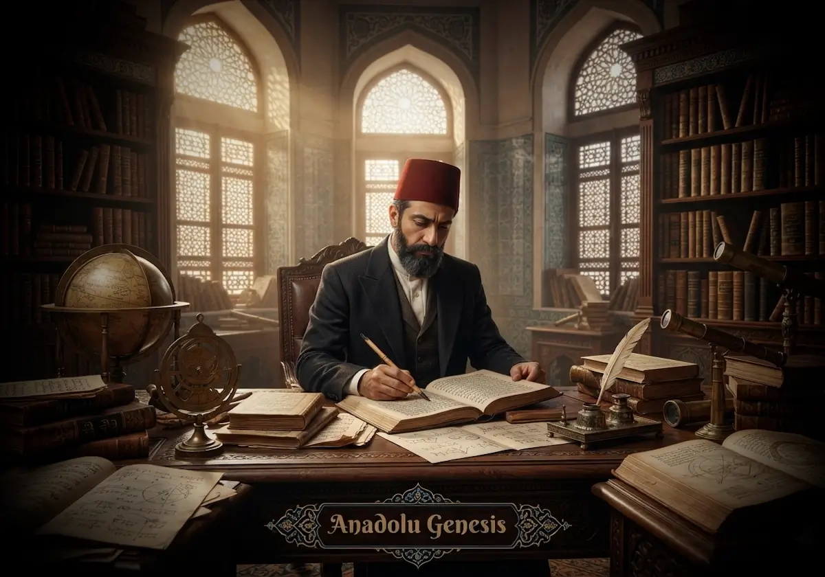 Osmanlı'nın son döneminde bilim tarihçisi Salih Zeki Bey'in çalışma odasında matematik ve astronomi eserleri arasında tasvir edildiği tarihî sahne.