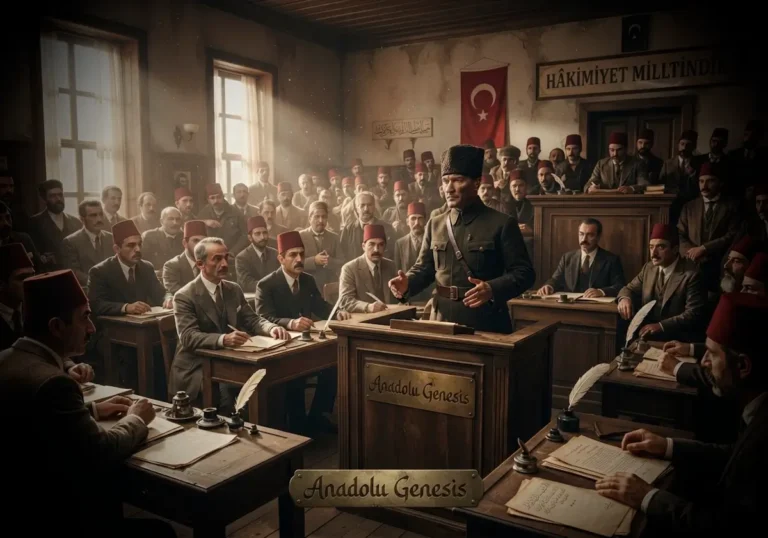 TBMM'de 1 Kasım 1922'de saltanatın kaldırılmasının görüşüldüğü tarihî oturumu yansıtan gerçekçi sahne.